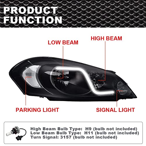CNNELL LED Headlights Assembly Compatible with Chevy Impala 2006 2007 2008 2009 2010 2011 2012 2013, Compatible with Chevy Impala Limited 2014 2015 2016 2pc(B Smoky lens Black Housing Clear Reflector)