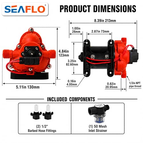 SEAFLO 33 series RV Water Pump - 12V, 3.0 GPM 45 PSI Diaphragm Pump, Self Priming On Demand Fresh Water Pump for RV Camper Boat Marine, Self Priming Pressure Pump, NSF UL 4-Year Warranty