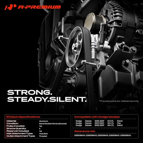 A-Premium Power Steering Pump, with Reservoir & Pulley, Compatible with Dodge Dakota 2005 2006 2007, 3.7L 4.7L, Replace # 52855186AH, 52855186AE