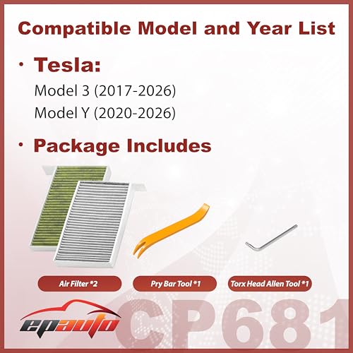 EPAuto CP681 (1107681-00-A) Premium HVAC Cabin Air Filter with Activated Carbon, Replacement for Tesla Model 3 (2017-2026), Model Y (2020-2026)