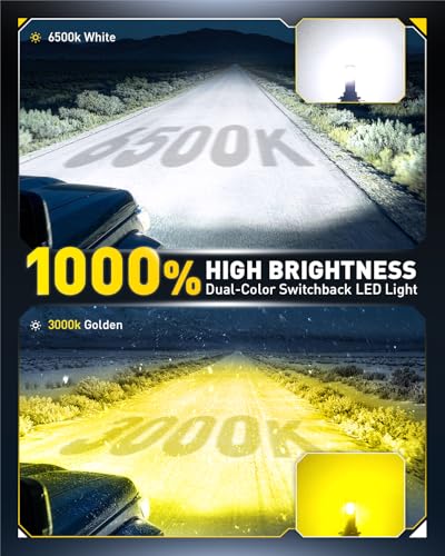 AUXITO H11 LED Dual Color Bulb 80000LM, 6500K White 3000K Golden Yellow Switchback Fog Lights, 60000H Extremely Long Life, 1:1 Mini Design for Easy Installation, Pack of 2
