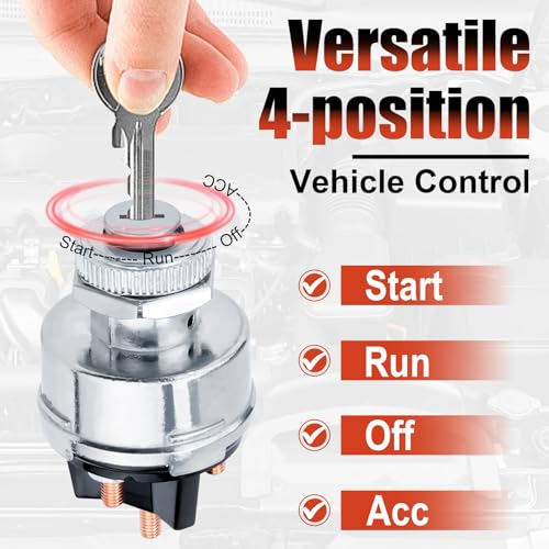 Ignition Switch with Key, Universal Ignition Key Switch, 12V 4 Position Starter Key Ignition Switch, Fits Most Car, Truck, Tractor, Trailer, Forklift, and More, Acc/Off/IGN/Start 4 Terminal