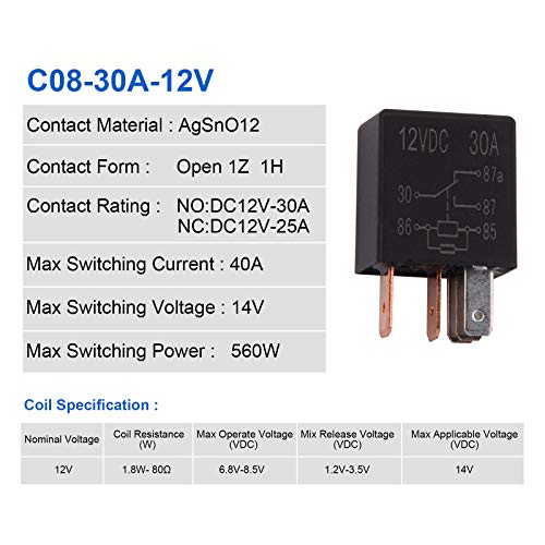 EHDIS 5 Pin Relay 12V 30A SPDT Multi-Purpose Relay Heavy Duty Standard Relay Kit Pack of 2 Model JD1914-12V-30A