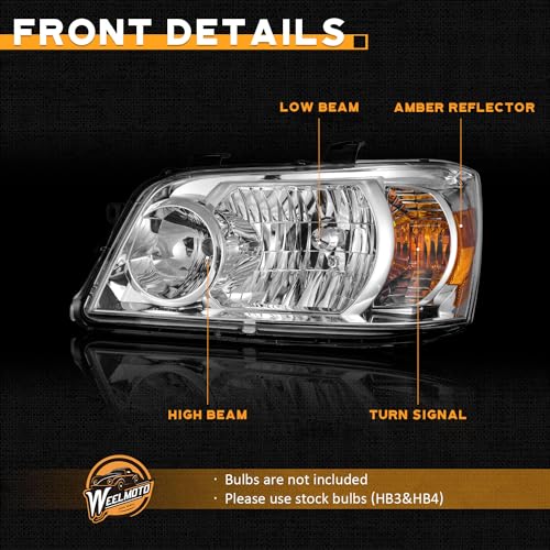 WEELMOTO Headlights Compatible with 2004-2006 Toyota Highlander, Sport Utility Headlight Chrome Housing Amber Reflector Left+Right Side