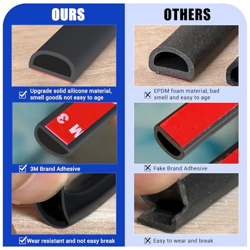 Weather Stripping Door Seal Self Adhesive Weather Strip Silicone D Shaped Door Seal Strip for Door Frame/Window Seal, 20Ft, Black (3/8" W × 1/4" T)