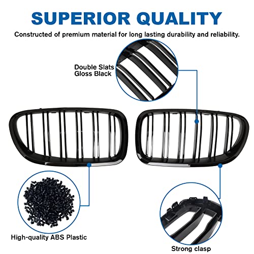 BILLDIO F10 Grille - Front Kidney Grille Double Slats Glossy Black Compatible with 2010-2017 BMW 5 Series F10 F11 F18 Sedan 520i 528i 535d 535i 550i 520i - ABS Gloss Black Kidney Grill
