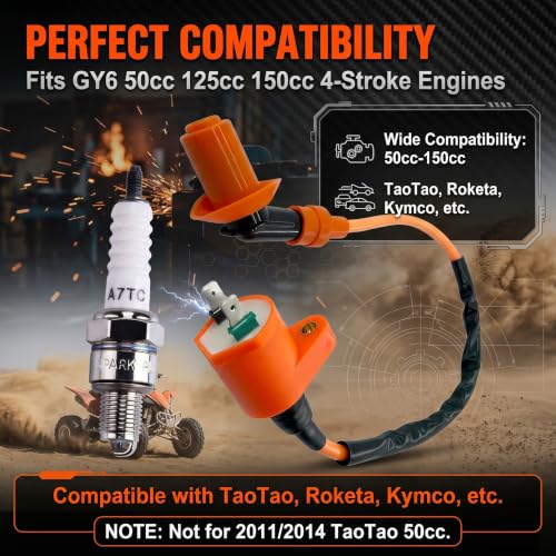 ekurfos 2 PCS High Performance Racing Coil and Spark Plug, GY6 50cc 150cc 125cc 4-stroke Engine Ignition Coil, Moped Parts Fits for ATVs Scooters Karts Scooters (Orange)