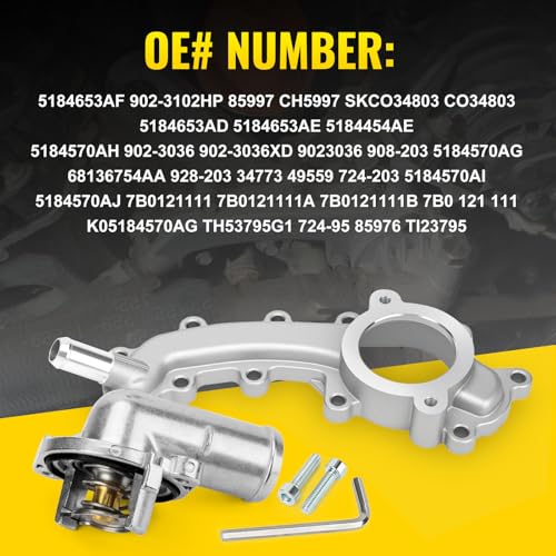 Upgrade Aluminium Thermostat Housing Assembly and Engine Coolant Crossover Water Outlet Pipe for Chrysler 200 Jeep Cherokee Dodge Avenger Journey Ram 1500 - Replaces 5184653AF 902-3102HP 902-3036