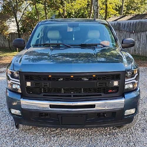 BNYIUEQR Front Grille Compatible with 2007 2008 2009 2010 2011 2012 2013 Chevy Silverado 1500, Replacement Grill Mesh Style with 3 LED Lights and 2 Side Lights (Matte Black with Letters)