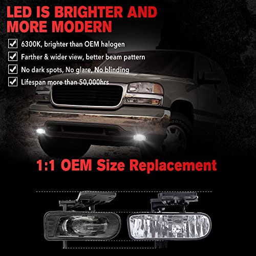 RAMJET4X4 DOT LED Fog Lights Assembly Fog Lamps Replacement Compatible with 1999-2002 GMC Sierra, 2000-2006 GMC Yukon/Yukon XL Pickup Truck, with Bulbs 899 Clear Lens