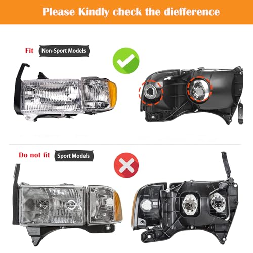 APSVE Headlights Assembly w/Corner Lamps for 1994-2001 Dodge Ram 1500