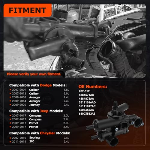 FILTERUP 68003582AB Engine Coolant Thermostat Housing Assembly Compatible with Dodge, Chrysler, Jeep - Journey 09-20, Avenger 09-14, Compass Patriot 07-17, Caliber, Sebring, 200 4Cyl 2.4L 2.0L