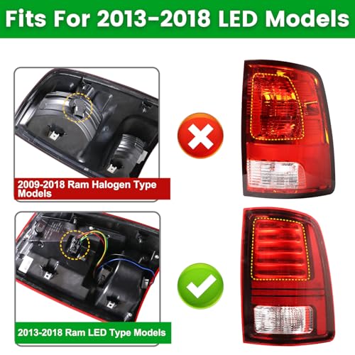 Lochnchn LED Tail Light Compatible with 2013-2018 Ram 1500 2014-2018 Ram 2500/3500 Rear Taillight with Blub Brake Lamp Assembly Red Lens Right Passenger Side Replace 68093080AB