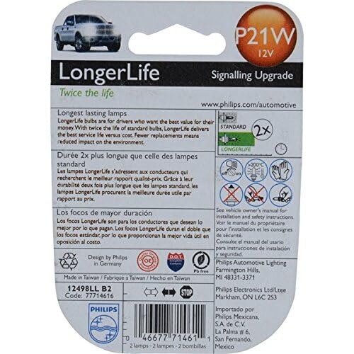 Philips Automotive Lighting P21W LongerLife Miniature Bulb, 2 Pack,White,12498LLB2