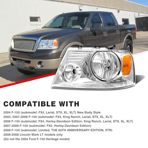 ADCARLIGHTS Headlight Assembly for 2004-2008 Ford F150 Pickup 2006-2008 Lincoln Mark LT Clear Lens Chrome Housing Amber Reflector Replacement W/O Bulbs
