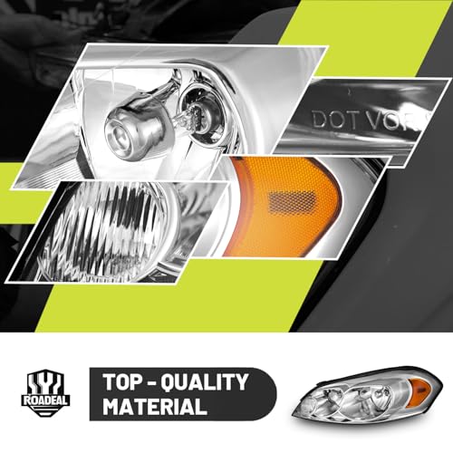 ROADEAL Headlights W/Bulbs for 2006-2013 Chevy Impala, 2006-2007 Chevy Monte Carlo, 2014-2016 Impala Limited Halogen Headlamp Replacement Driver & Passenger Side