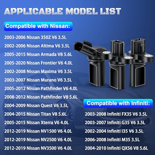 Set of 3 Camshaft Crankshaft Position Sensor Compatible with Nissan 350Z Altima Maxima Murano Pathfinder Frontier Quest Xterra Infiniti G35 FX35 M35 I35 3.5L 907-716, 917-707, 917-704, 23731AL60A