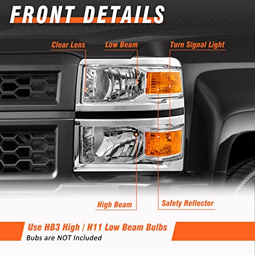 AXLAHA for 2014-2015 Chevy Silverado 1500 Pickup Headlights Assembly Halogen Factory OE Style Chrome Housing Replacement Driver and Passenger Side Pair