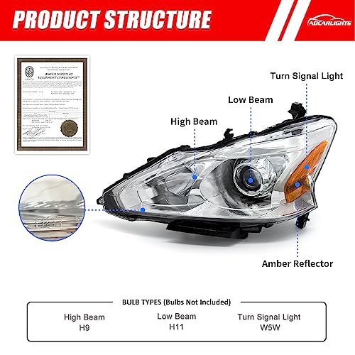 ADCARLIGHTS 2013 2014 2015 Nissan Altima Headlight Assembly Only fit 4Door Clear Lens Chrome Housing with Amber Reflector Headlamp Replacement Left and Right Pair(Does Not Fit Xenon/HID)（W/O Bulbs）