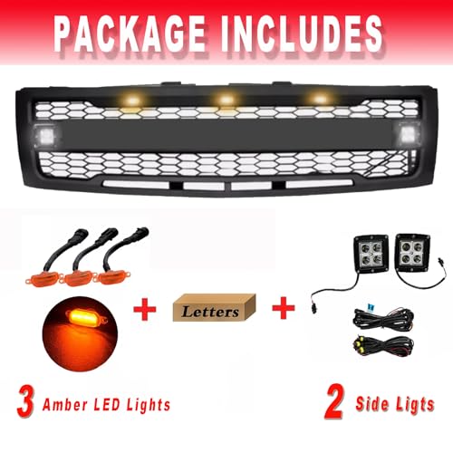 BNYIUEQR Front Grille Compatible with 2007 2008 2009 2010 2011 2012 2013 Chevy Silverado 1500, Replacement Grill Mesh Style with 3 LED Lights and 2 Side Lights (Matte Black with Letters)