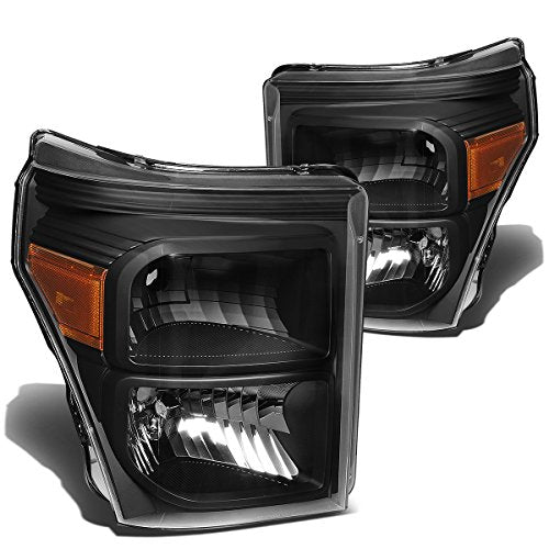 DNA MOTORING Headlights Assembly Compatible with 11-16 F-250 / F-350 / F-450 / F-550 Super Duty, Black Amber, HL-OH-FSU13-BK-AM