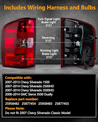 OKLPF Rear Brake Tail Lights Compatible With 2007-2014 Chevy Silverado 1500 2500HD 3500HD,Replacement Red Taillights Assembly,Included Bulbs and Harness,Driver and Passenger Side