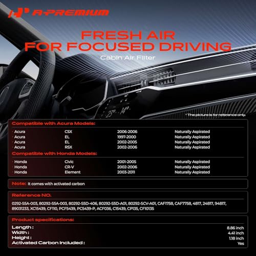 A-Premium 2-PC Cabin Air Filter w/Activated Carbon Compatible with Honda & Acura Model - Civic (01-05), CR-V (02-06), Element (03-11), CSX (06), EL (97-00 02-05), RSX (02-06)