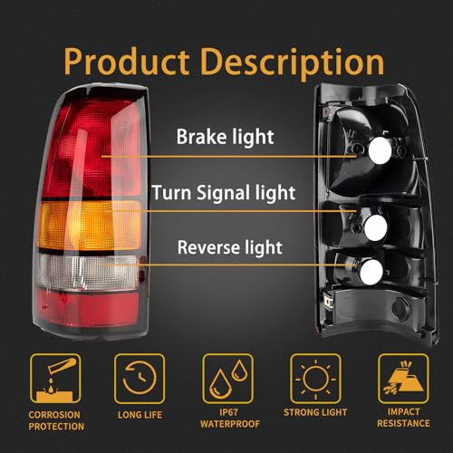 MiKaFex Tail Light Housing Compatible With 1999-2002 Chevy Silverado 1500 2500 3500 1999-2006 GMC Sierra Driver and Passenger Side Red Rear Brake Lamps Without Bulb,Red+Amber+White, Black Edge