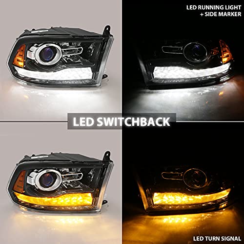 AmeriLite for 2009-2018 Dodge Ram 1500 2500 3500 BOTH Models Switchback LED Polished Black Replacement Projector Headlight Assembly Set - Passenger and Driver Side