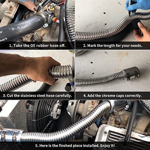 iRKY 48" Flexible Radiator Hose Stainless Steel Universal Water Hoses Adapter Coolant Radiator Hose Kit With 4Pcs Chrome Caps (8 Clamps, Silver)