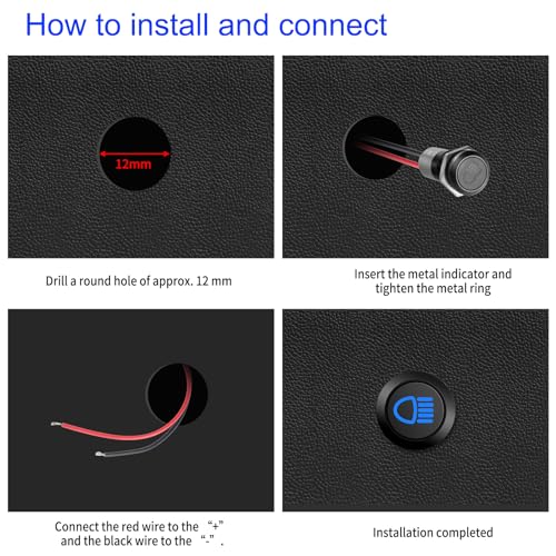 TIANWIDJEW 12V LED Indicator Small Light Waterproof, 1/2"(12mm) Panel Cutout 12V 24V Metal LED Indicator with 22AWG 150MM Wire - High Beam, Single Arrow Left/Right, Parking Indicat-or, 4PCS