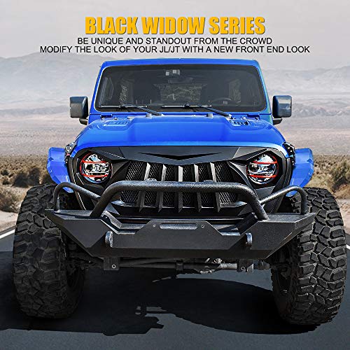Xprite Matte Black Front Grille Grid Grill w/Mesh Compatible with 2018-2021 Jeep Wrangler JL JT - Black Widow Series