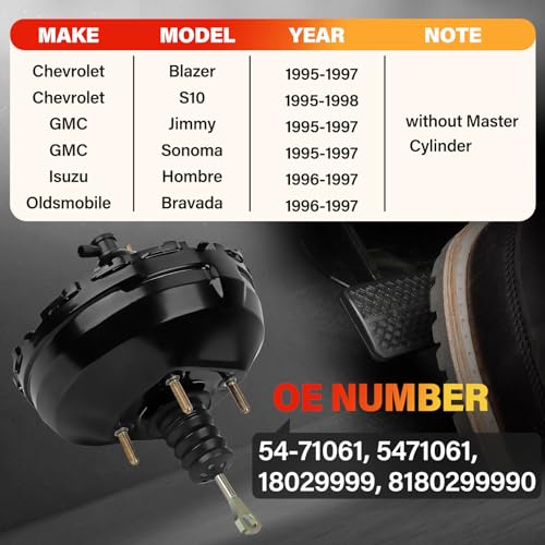 Fexhull 54-71061 Vacuum Power Brake Booster Fit for Chevy S10 GMC Jimmy Sonoma 1995-1997 for Hombre Bravada 1996-1997 S10 1995-1998 18029999, 8180299990