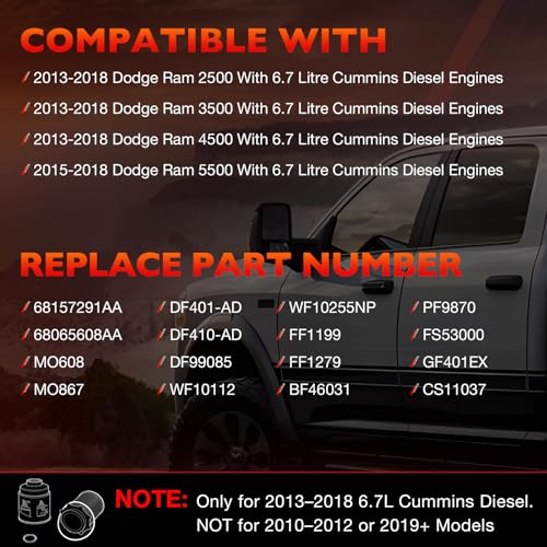6.7L Cummins Fuel Filter Water Separator Set | Replacement for 2013-2018 Dodge Ram 2500 3500 4500 5500 6.7L Cummins Turbo Diesel Engines | Replaces# 68197867AA, 68157291AA