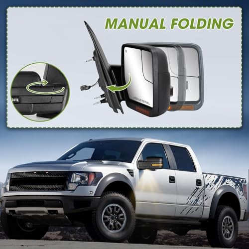 SIZIOM Side Mirrors for 2004-2014 Ford F-150 with Dynamic Turn Signal Puddle Light Heated Power Glass Manual Folding Tow Mirrors- Pair