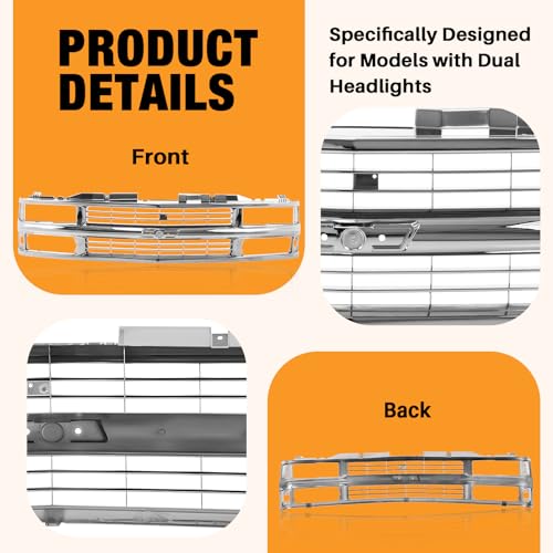 CarPartsDepot Front Grille Grill Chrome Shell with Insert Compatible With Chevrolet 1994-2000 C/K 1500 2500 3500 Tahoe Blazer For Models w/Dual Headlights