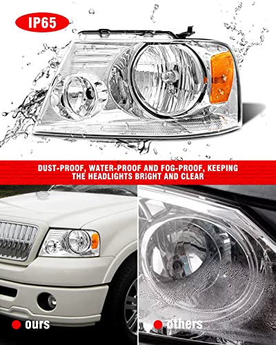 ADCARLIGHTS Headlight Assembly for 2004-2008 Ford F150 Pickup 2006-2008 Lincoln Mark LT Clear Lens Chrome Housing Amber Reflector Replacement W/O Bulbs