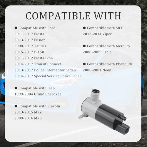 Windshield Washer Pump Replacement OEM#05103452AA,55077241AB with Grommet,Windshield Wiper Pump Compatible with Chrysler Dodge Ford Jeep Mercury,Standard Windshield Washer Fluid Pump(for Ford)