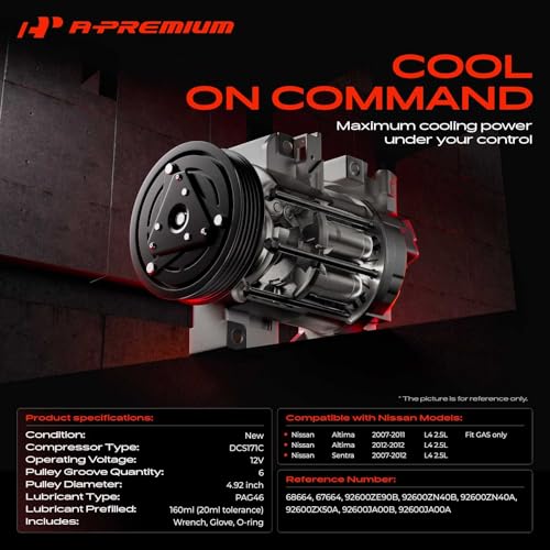 A-Premium A/C Compressor with Clutch Compatible with Nissan Altima 2.5L 2007-2012, Sentra 2.5L 2007-2012
