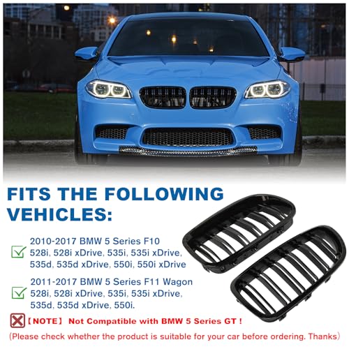 BILLDIO F10 Grille - Front Kidney Grille Double Slats Glossy Black Compatible with 2010-2017 BMW 5 Series F10 F11 F18 Sedan 520i 528i 535d 535i 550i 520i - ABS Gloss Black Kidney Grill