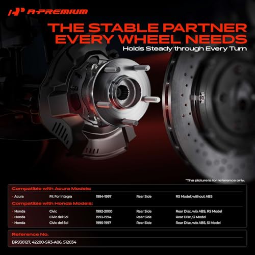 A-Premium 2 x Rear Wheel Bearing and Hub Assembly with 4-Lug Compatible with Honda Civic 1992-1995/1999-2000, Civic del Sol 1993-1997 & Acura Integra 1994-1997, with Rear Disc