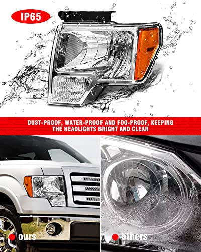 ADCARLIGHTS 2009 2010 2011 2012 2013 2014 Ford F150 Pickup Headlight Assembly for 09-14 Ford F150 Clear Lens Chrome Housing with Amber Reflector Headlamp Replacement Left and Right Pair（W/O Bulbs）