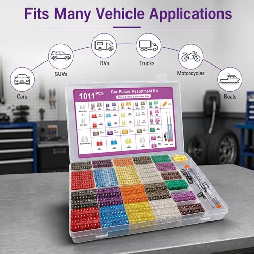 Nayoto 1011-Piece Universal Zinc Flake Car Fuse Set - 410 Standard, 410 Mini & 185 Micro Fuses (2A-40A), with 2 Removal Tools, 2 Testers & 2 Clips - Compatible with Cars, Trucks, RVs, Boats etc.