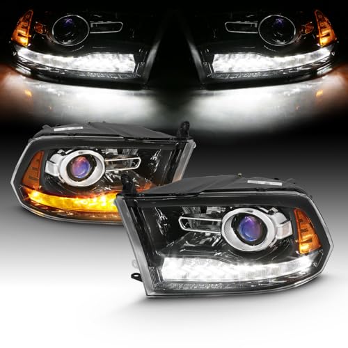 AmeriLite for 2009-2018 Dodge Ram 1500 2500 3500 BOTH Models Switchback LED Polished Black Replacement Projector Headlight Assembly Set - Passenger and Driver Side