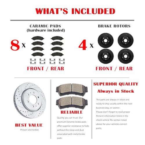 Acinoparts Front and Rear Brake Kit, Drilled and Slotted Brake Rotors Ceramic Brake Pads Suitable for Cadillac Escalade Chevy Silverado 1500 Tahoe GMC Yukon