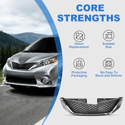 Tyrigion Front Bumper Upper Grille Honeycomb Chrome Grill For 2011-2017 Toyota Sienna TO1200334