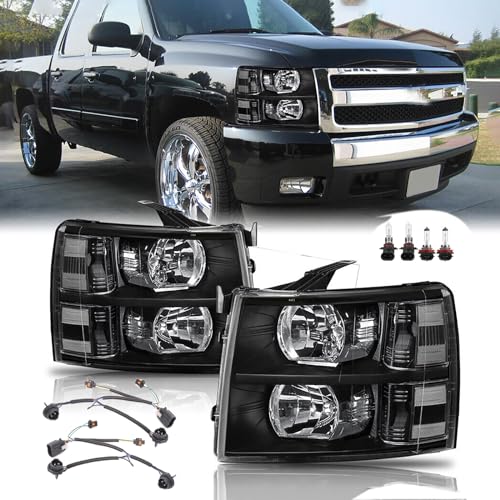 APSVE Headlights Assembly w/Bulb & Wiring Harness for 2007-2013 Chevy Silverado 1500, 07-14 Silverado 2500HD 3500HD Replacement Headlamp Assembly, Black Housing Clear Side