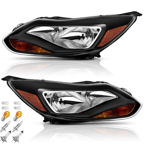 Headlights Assembly Pair with Bulbs for 2012 2013 2014 Ford Focus S SE ST SEL Halogen Head Lamps Replacement Driver and Passenger Side,Black Housing Amber Reflector