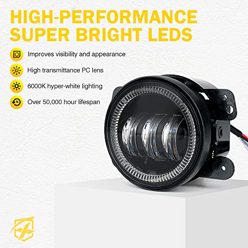 4 Inch 60W LED Fog Light w/White Halo DRL Compatible with 07-18 Jeep JK JKU