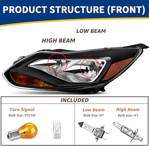 Headlights Assembly Pair with Bulbs for 2012 2013 2014 Ford Focus S SE ST SEL Halogen Head Lamps Replacement Driver and Passenger Side,Black Housing Amber Reflector